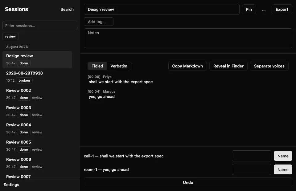 Ambient's session browser with a sample transcript, speaker names and export controls